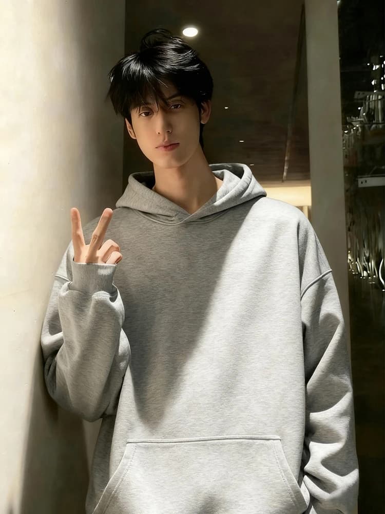 American Style Fleece Lined Oversize Hoodie Men's Grey Sweatshirt Comfortable Long Sleeve Casual Youth Fashion Polyester Fiber