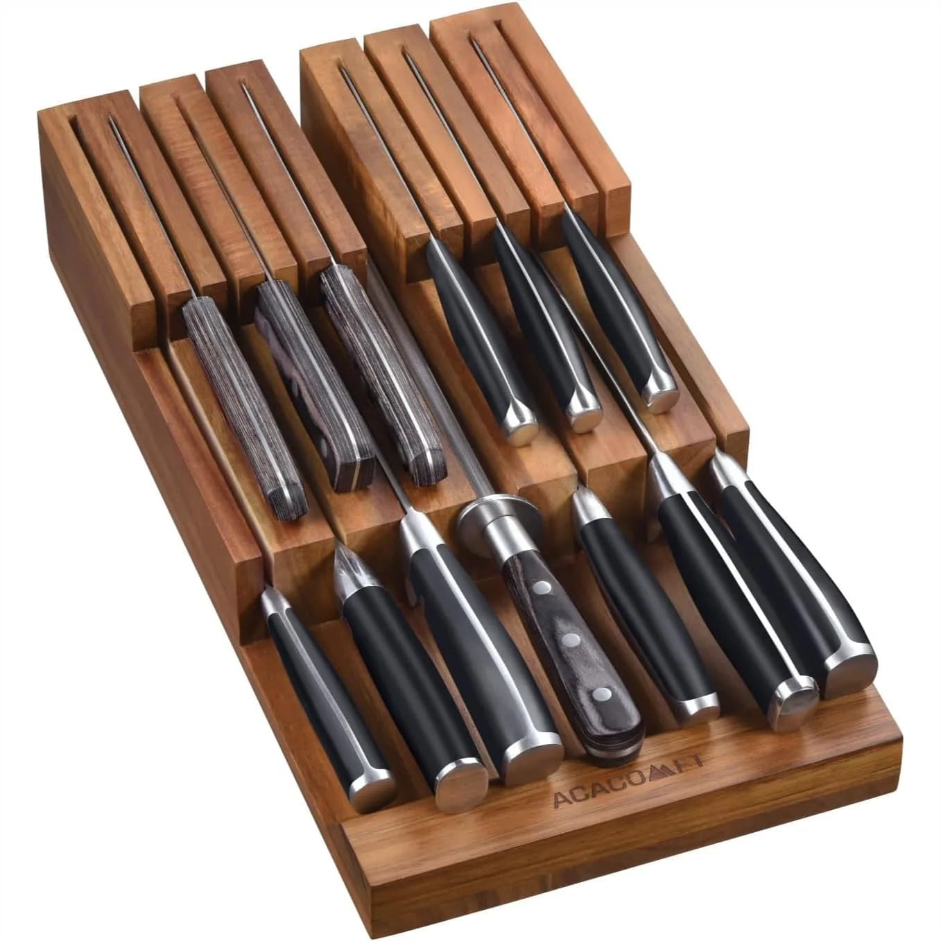 Portacoltelli da incasso per un massimo di 12 coltelli, organizer per coltelli da cucina in legno di acacia, supporto salvaspazio per coltelli da chef e da bistecca