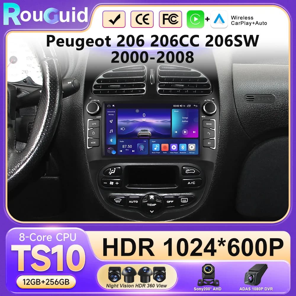 Autoradio Android 16 da 7 pollici per Peugeot 206 206CC 206SW 2000-2008, stereo per auto con Bluetooth 5.0, WIFI, navigazione GPS, Carplay wireless, DVD
