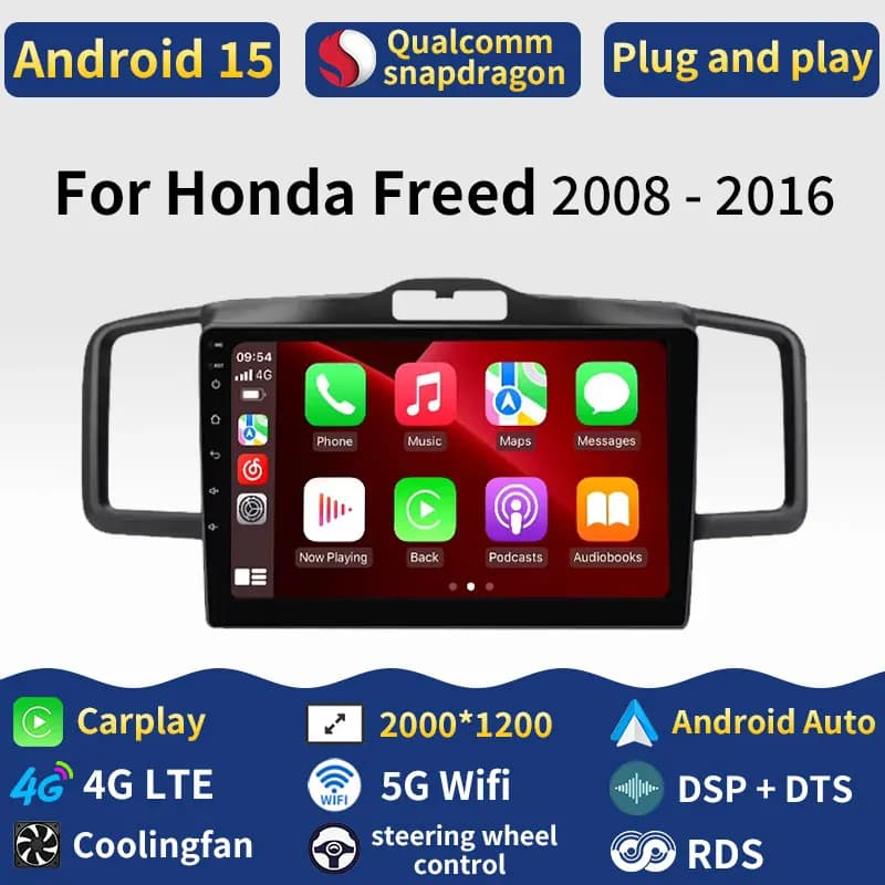 Autoradio Android 15 con Carplay per Honda Freed 2008-2016, GPS, Lettore Multimediale Video, Navigazione Stereo, 4G, Telecamera 360, BT, DSP