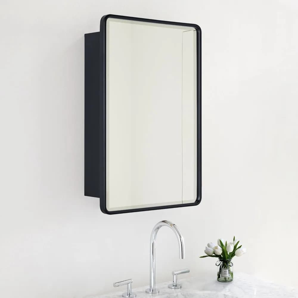 Armadietto da Bagno Nero 16x24 a Montaggio Superficiale con Specchio Rettangolare Arrotondato e Smussato