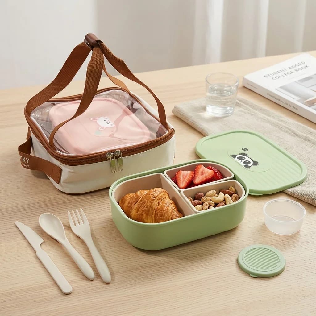 Kids Bento Lunch Box with Lid 3 Compartment Plastic Food Storage Containers Microwave Salad Meal Prep Snack Box For School Adult