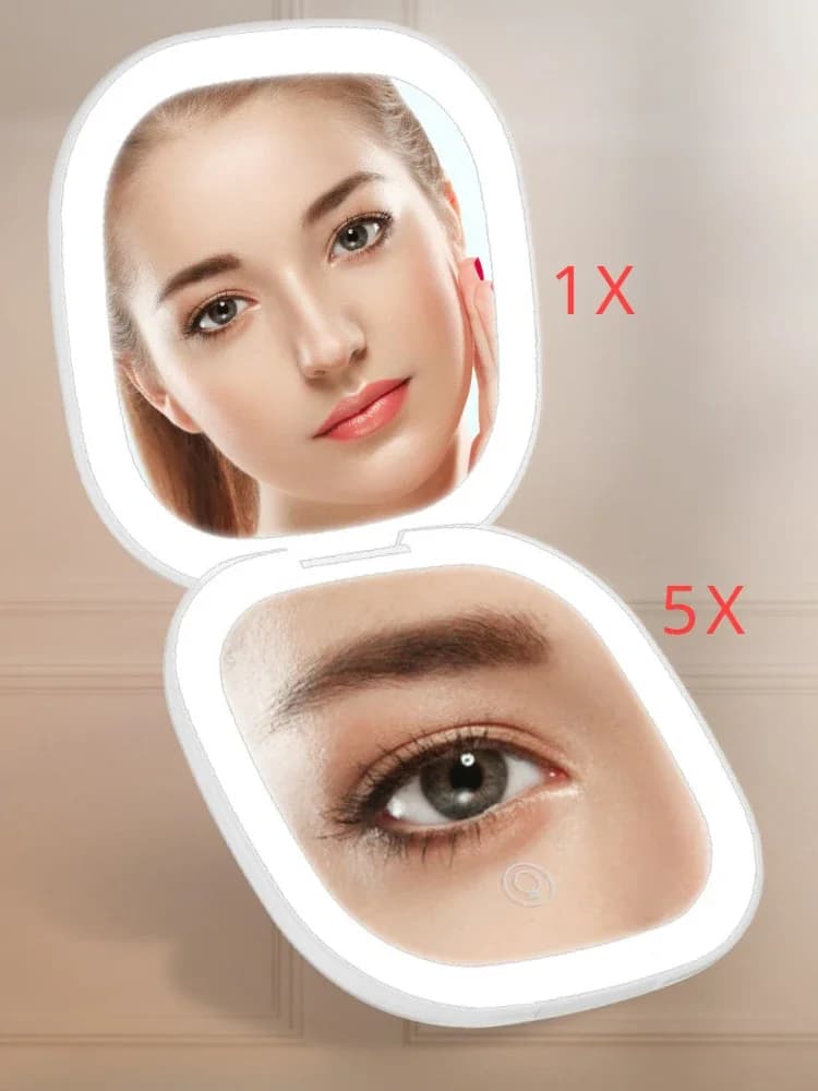 Specchio per trucco portatile pieghevole mini compatto con ingrandimento 5x/10X con luce piccola tasca compatta da viaggio