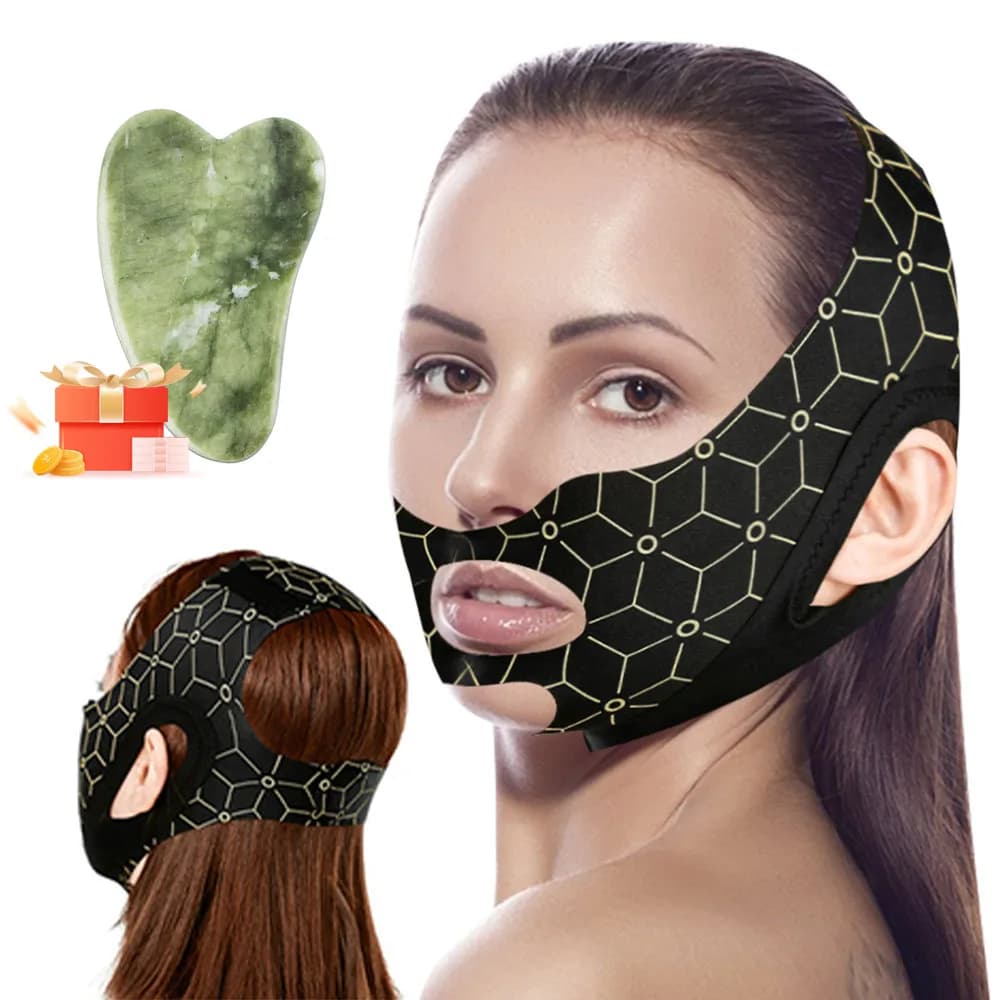 Nastri per il lifting del viso, cinture tonificanti regolabili per il viso, cinturino per il mento riutilizzabile per dormire + massaggiatore viso in giada naturale Gua Sha
