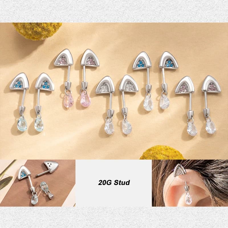 Fashionable cat ear shaped cartilage earrings, titanium, with cubic zircons, ear piercing accessories, for woman, 20G