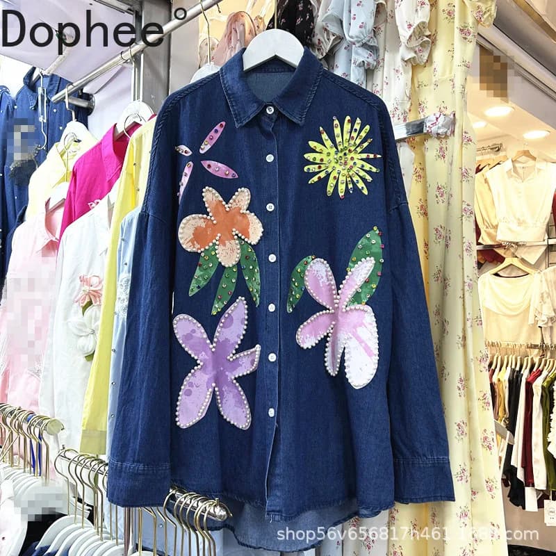 Fiori alla moda Diamanti Perline Camicette di jeans larghe Donna Primavera Autunno Cardigan casual Cappotto Camicie di jeans a maniche lunghe tutto-fiammifero