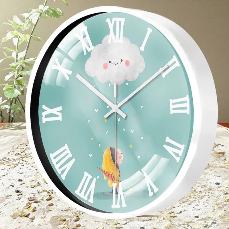 Wall clock suspended silent round with rain clouds, suitable for living room, school, study room, bedroom, children's gifts