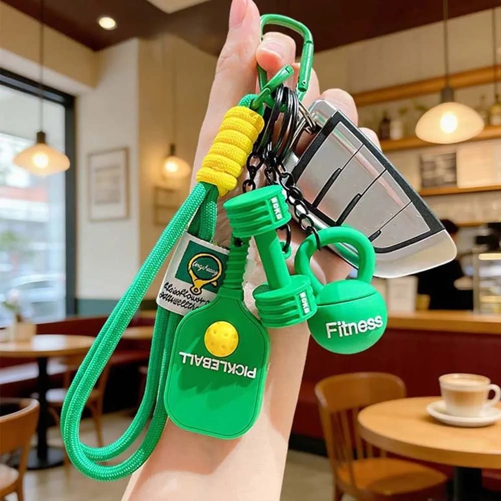 Mini Size Pickleball Key Chain Bright Colors PVC Kettlebell Bag Charm with Lanyards Lightweight Sports Racket Key Ring Fitness