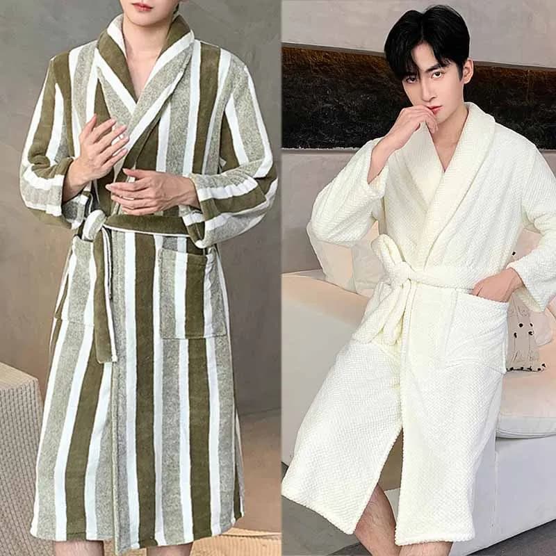 Winter Sleepwear Bathrobe Men Thick Coral Fleece Nightwear Lapel Stripe Nightgown Homewear Oversized Relaxed Lazy Loungewear