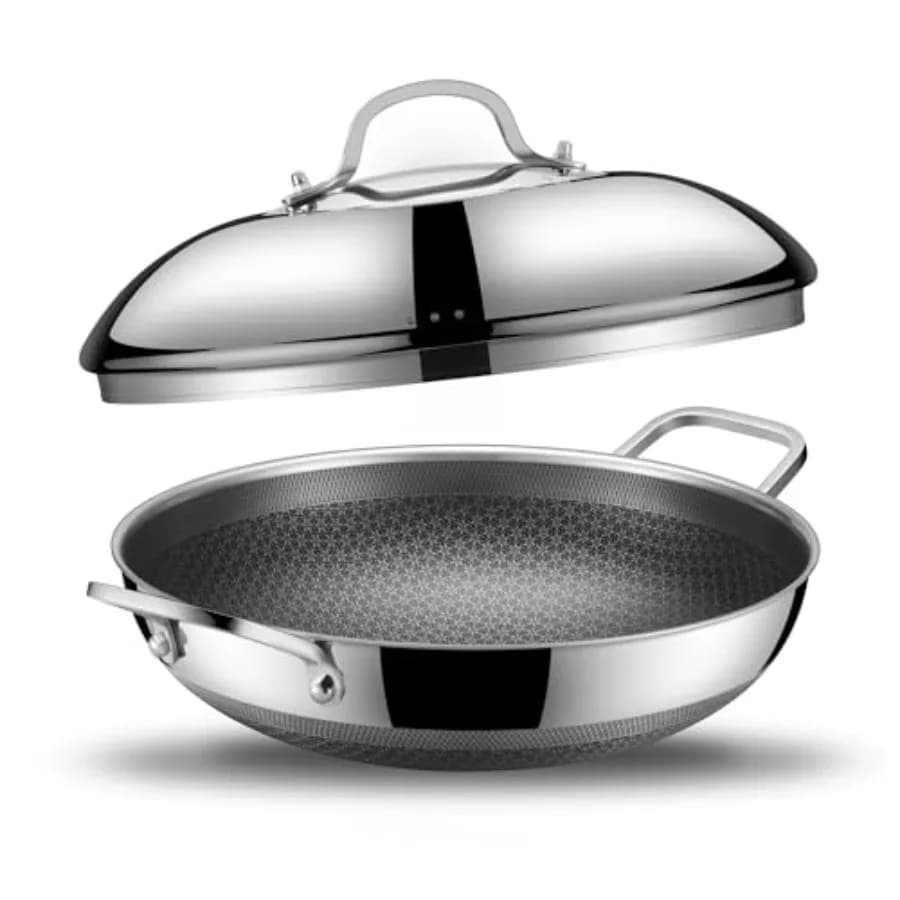 Wok Ibrido da 13 Pollici con Doppio Manico, Padella Antiaderente per Stir-fry in Acciaio Inossidabile con Finitura Nera Opaca per Piani Cottura a Induzione, Lavabile in Lavastoviglie