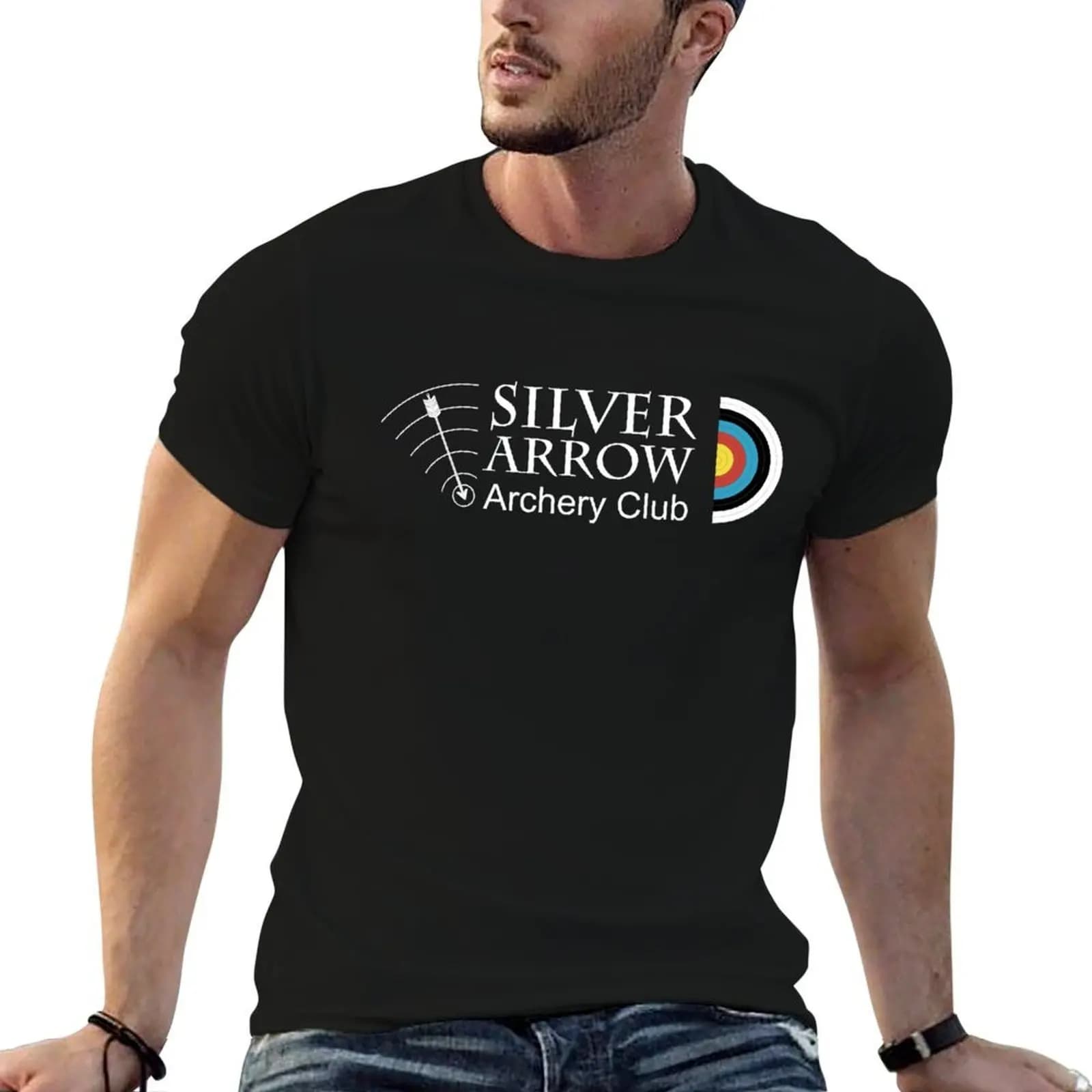 T-shirt Silver Arrow Archery White Club Logo and Target, t-shirt da uomo, confezione di t-shirt bianche da uomo, t-shirt in cotone