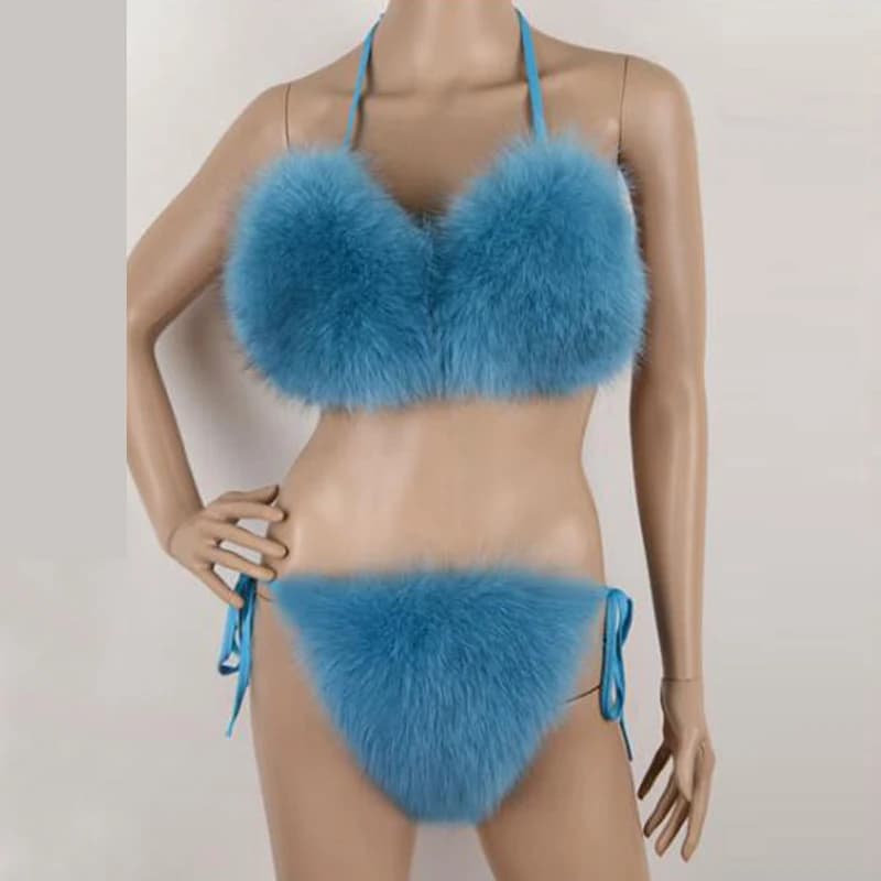 2 pezzi/set donna sexy imitazione pelliccia di volpe costume da bagno bikini spiaggia pelliccia di volpe reggiseno intimo giallo rosa string bikini set costumi da bagno