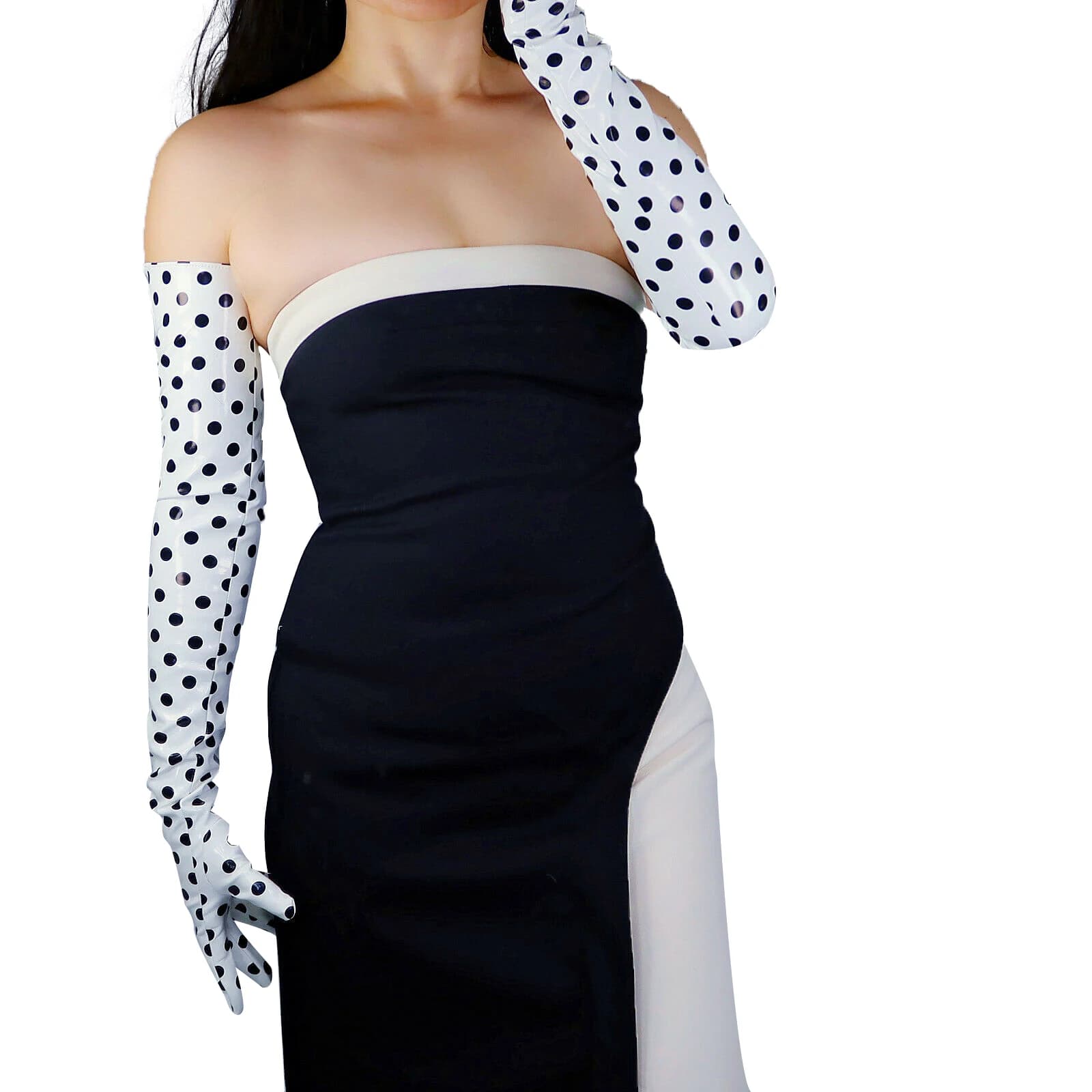 DooWay Guanti in Lattice a pois bianchi neri da donna Super lunghi 70 cm Guanti da sposa per feste serali in finta pelle verniciata lucida