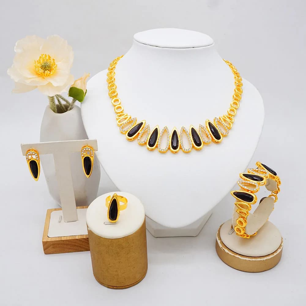 Set di gioielli con fiori fini color oro Dubai, regali di nozze africani, feste per donne, bracciale, collana, orecchini, set di anelli