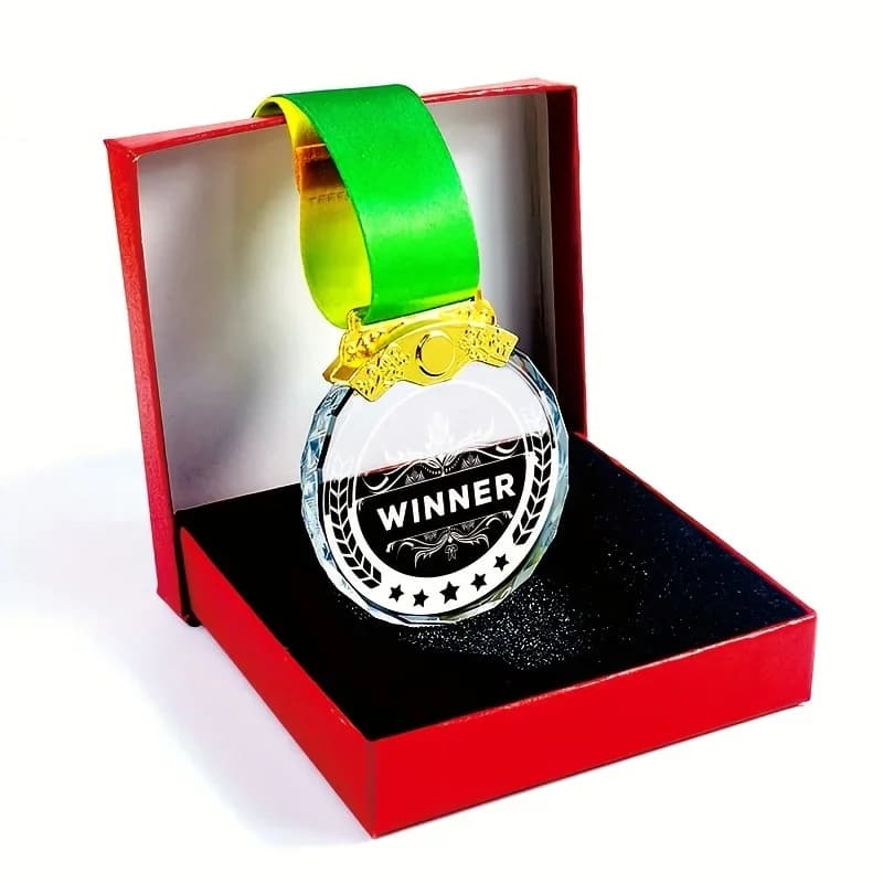 Stampa a colori o incisione laser Medaglie di cristallo trasparente Confezione regalo per il primo 2° 3° premio Packagin