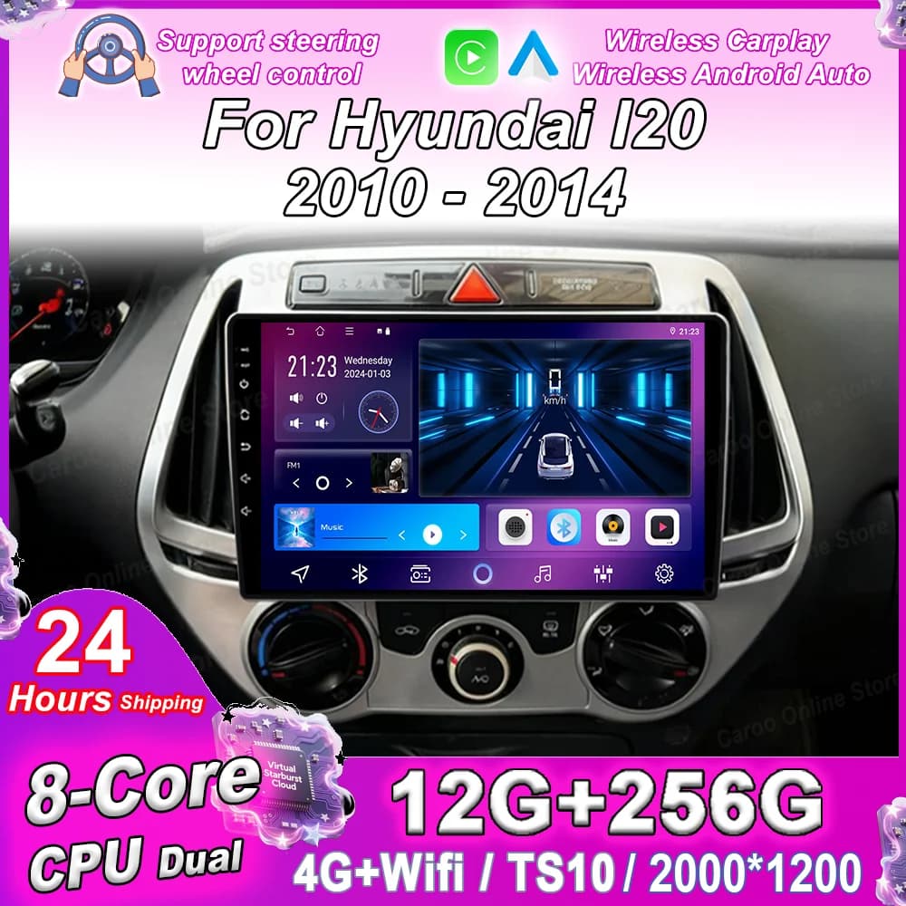 Autoradio Android 15 for Hyundai I20 2010 2012 2013 2014, Multimedia Navigator with Carplay, Bluetooth, Touchscreen, WIFI, 4G