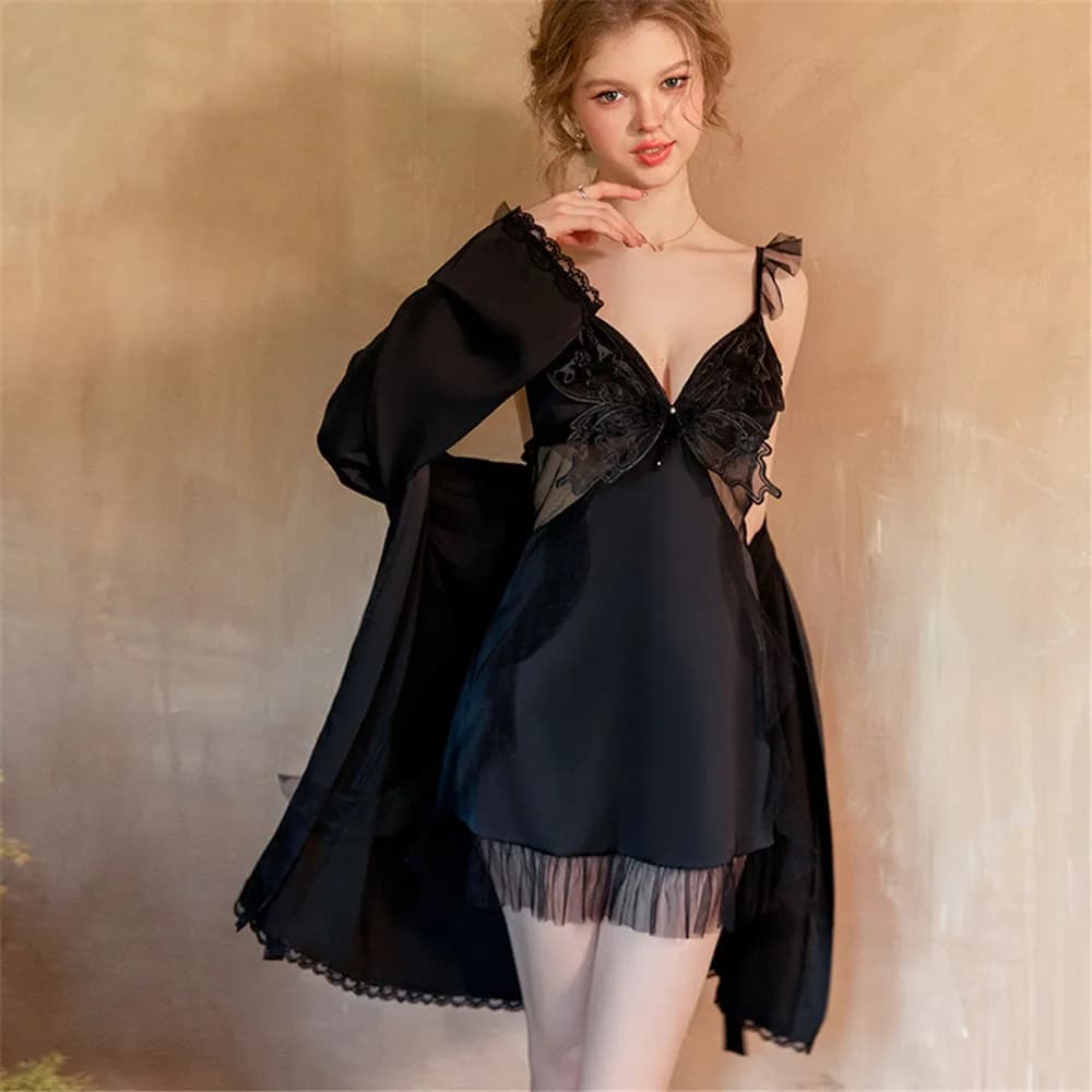 Set 2 Pezzi: Vestaglia Kimono Elegante in Seta Ghiaccio con Applicazione Farfalla e Camicia da Notte, Abbigliamento da Notte Estivo Ampio e Comodo per Casa