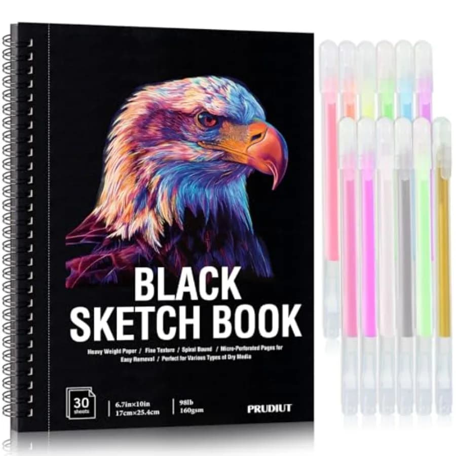 30 Sheets Black Paper Sketchbook with 12 Color Gel Pen Set, 98lb/160gsm Heavyweight Black Sketch Pad 6.7×10in, Acid-Free Drawin
