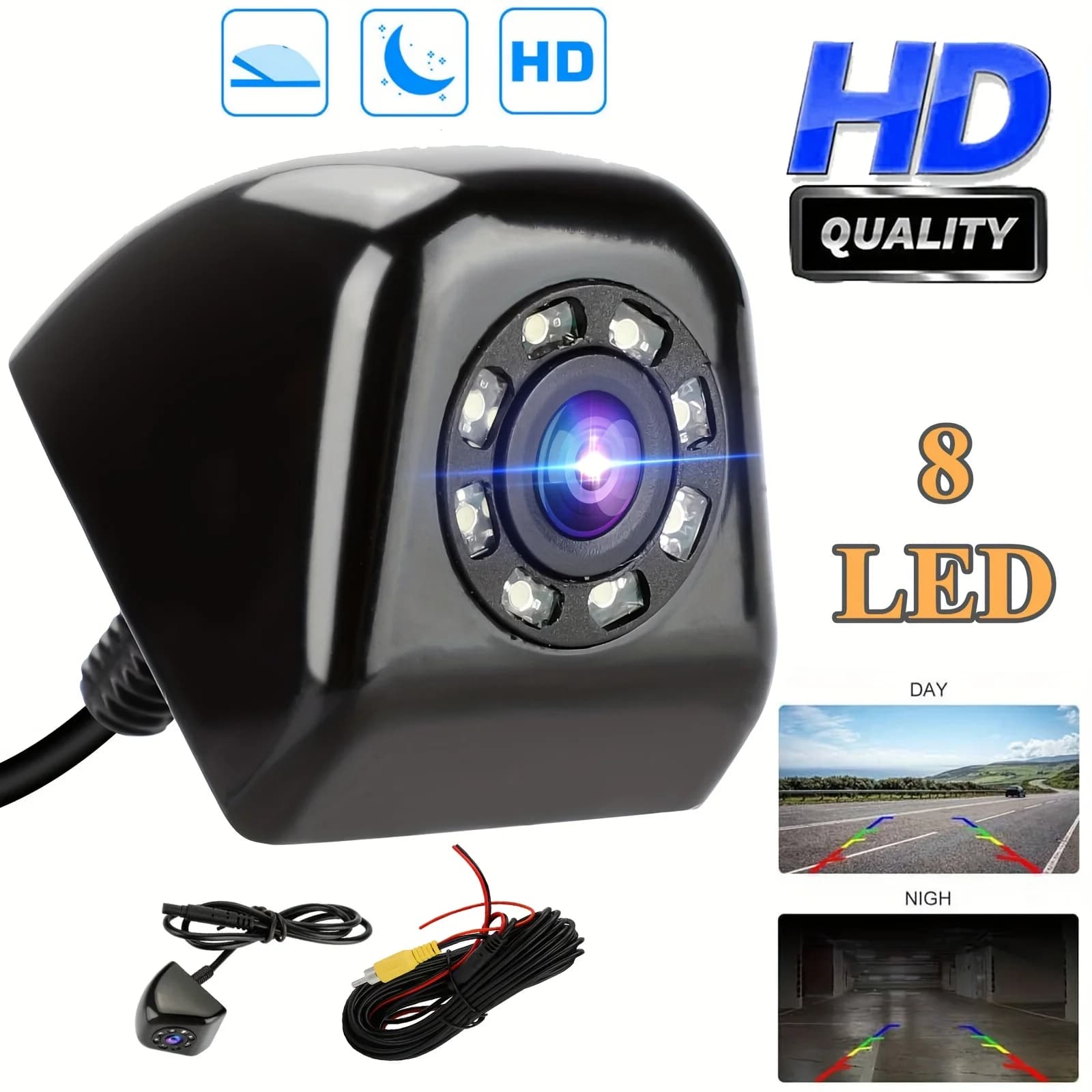HD Universal Rearview Camera Equipped with 8 Leds, Backup Camera for Vehicles, Night Vision, 36V Power Supply.