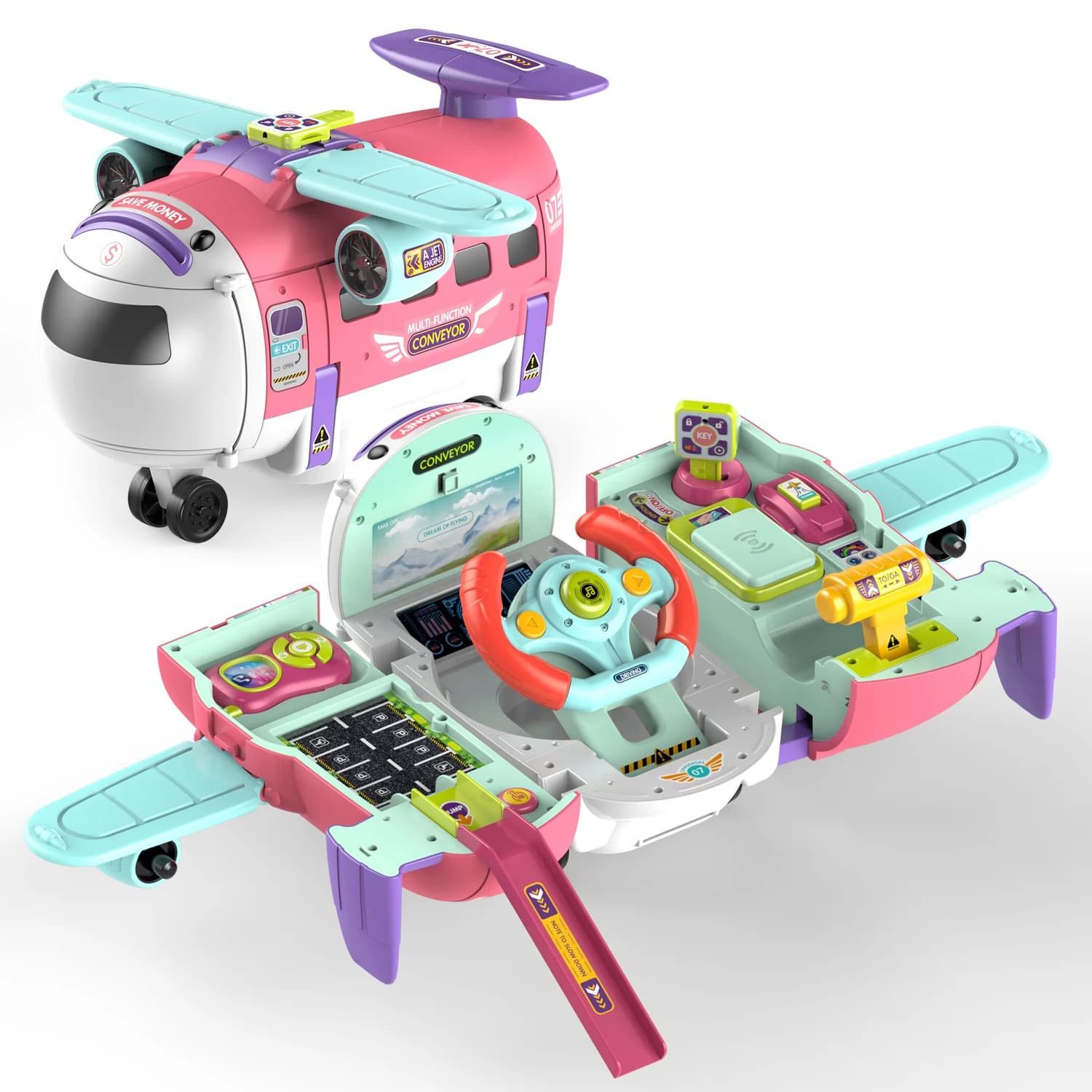 Giocattolo interattivo per bambini a forma di autobus aereo, dotato di volante, funzione di simulazione di guida e funzione di educazione precoce