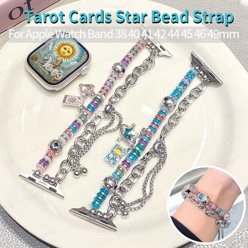 Creative Tarot Cards Beads Strap for Apple Watch 44mm 40 41 45 42 46 49 Metal Link Bracelet for Iwatch Band S11 10 9 8 7 Ultra 3