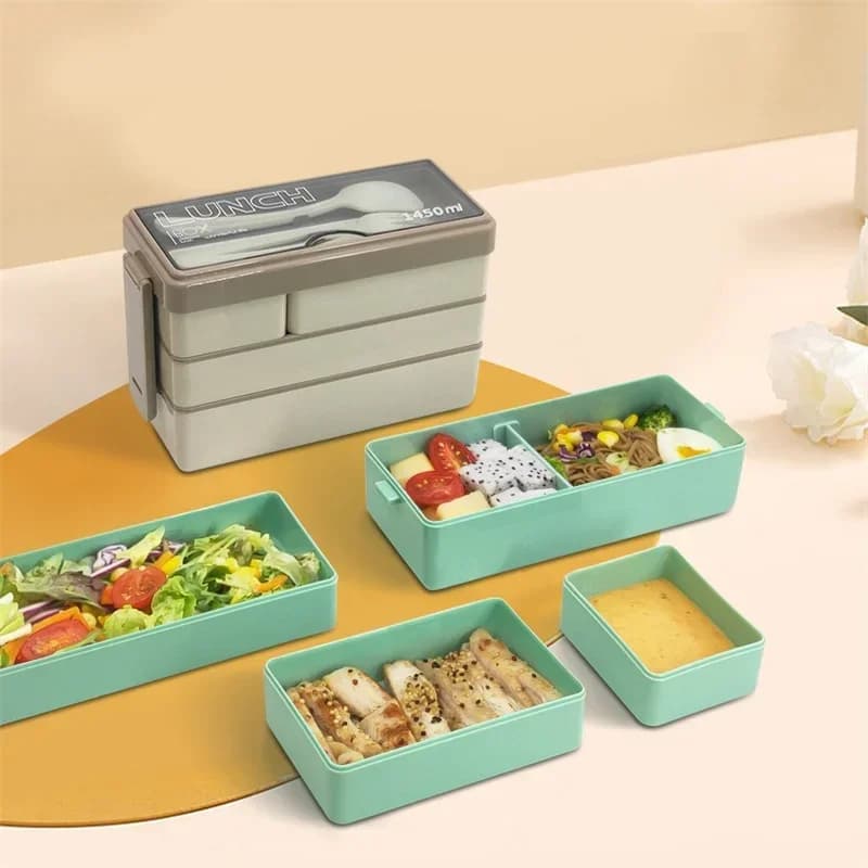 Scatole Bento a 3 strati Scomparto Scatola da pranzo da 1450 ml per adulti Studenti Lunch Box con forchetta Cucchiaio Contenitore per alimenti per microonde