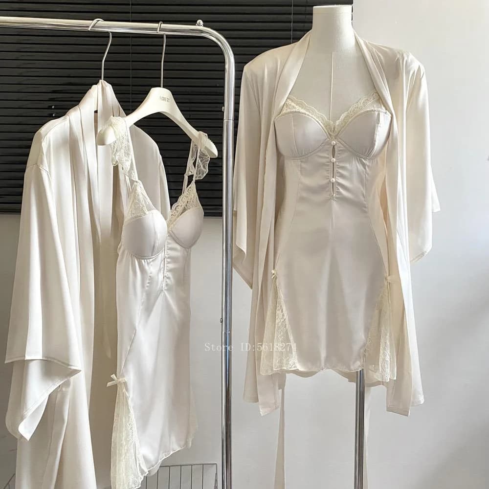 Primavera New Robe Set Beige Princess Style Kimono accappatoio camicia da notte Sexy pizzo Patchwork camicia da notte Chemise Sleepwear Loungewear