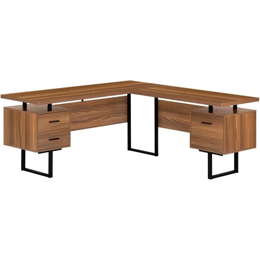 70 L Walnut Laminate L-Shaped Home Office Desk with Metal Legs and Storage for Laptops