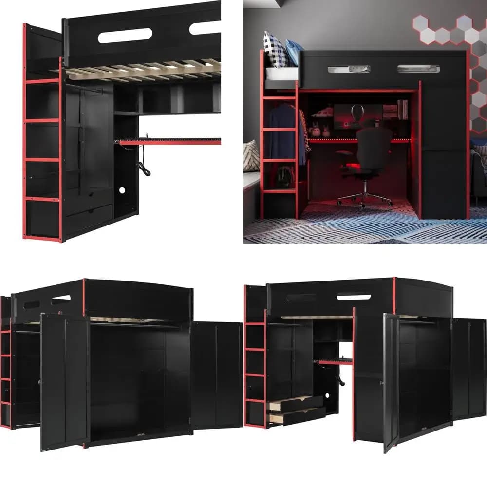 Letto a soppalco gaming full-size con scrivania, contenitore, armadio, luci LED e porte USB, adatto per bambini, ragazzi e adulti, rosso e blu