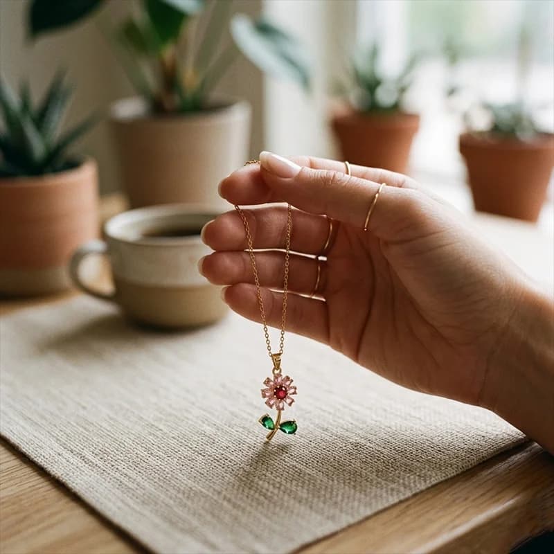 Necklace with Flower Pendant, Gift for You, Delicate Jewel with Crystal Colored Petals, Commemorative Gift for Birthday, Mother's Day, for Women