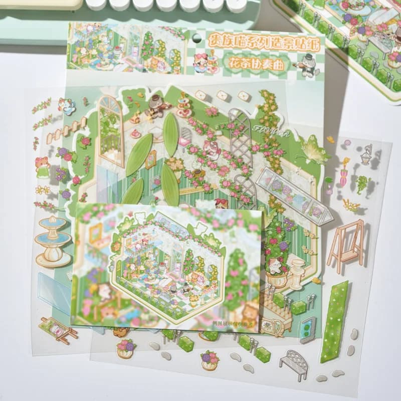 3pcs Cute Cartoon 3D Stereo Scene Sticker Pack, Adorable Characters in 3D Scenes (Home, Park, School) Hand Account and Scrapbook