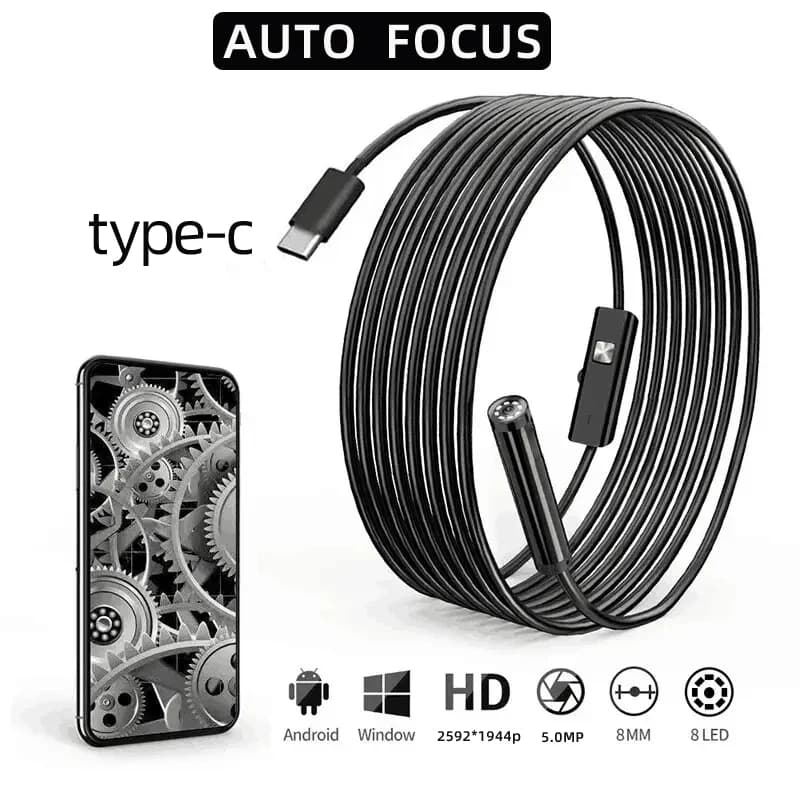 8mm Auto Focus HD1944P Endoscope for Cars Android Phone Type -c 5MP Mini Sewer Inspection Camera Endoscopy Usb Borescope 1-20m
