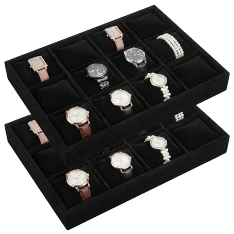 2 Vassoi Porta Orologi, Organizzatore per 12 Orologi da Uomo Impilabile con Cuscino Regolabile per Bracciali, Vassoi Porta Gioielli in Legno di Bosso