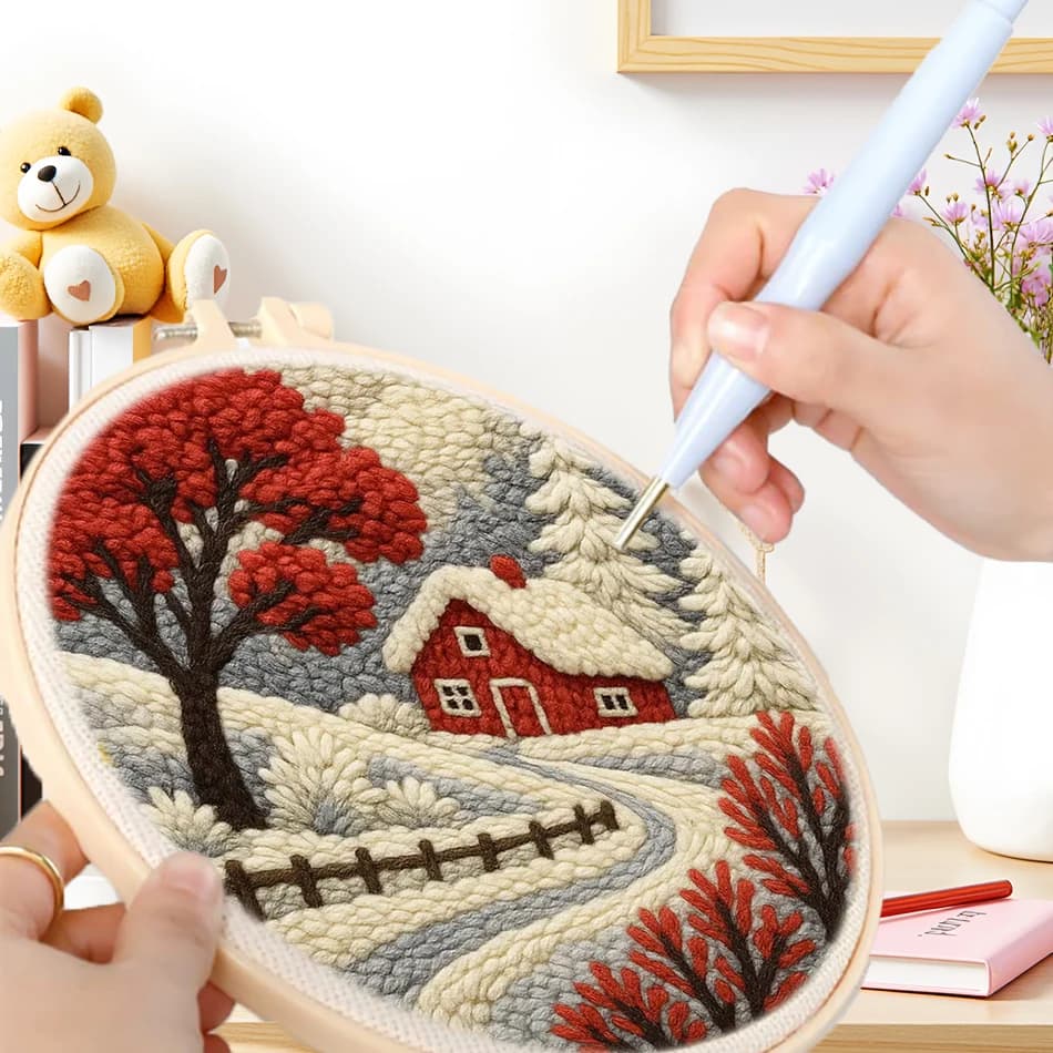 Kit per ricamo punch needle GATYZTORY per principianti, Paesaggio invernale con casa sulla neve, Regalo di Natale, Decorazione per la casa, Pittura