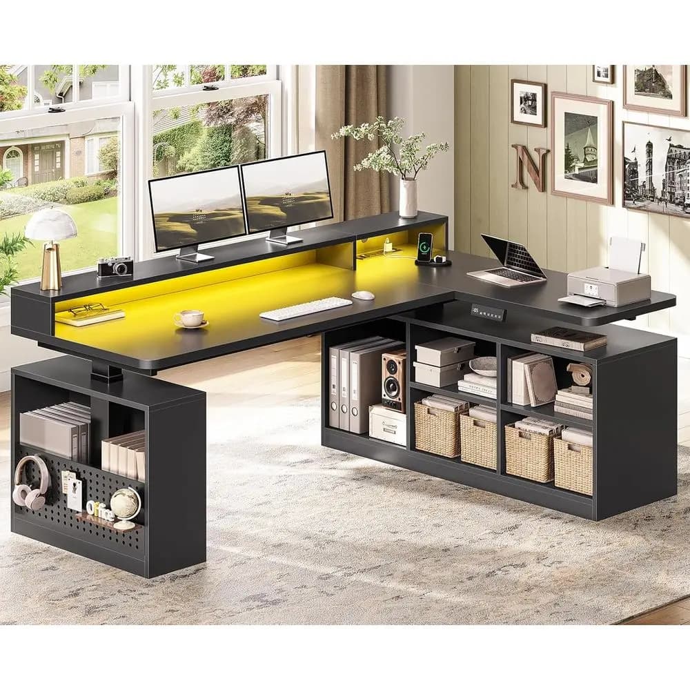 L Shaped Gaming Standing Desk, 63 inch Height Adjustable Oice Executive Desk with Storage Shelves and Monitor Stand, Computer Ga