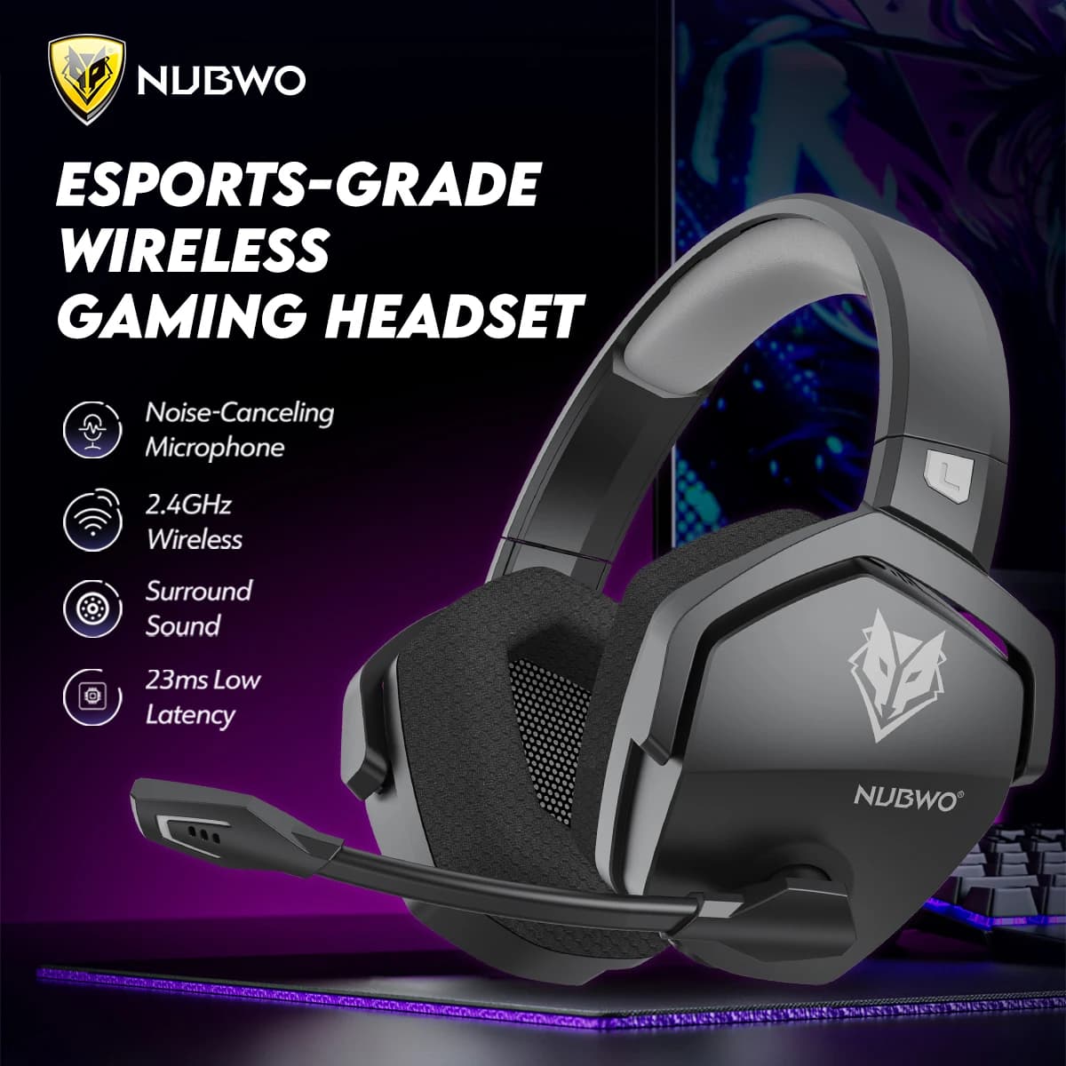 NUBWO G06 Gamer Wireless Headphones Bluetooth 5.3 2,4 GHz with double microphone for PS5, PS4, PC, mobile, Switch