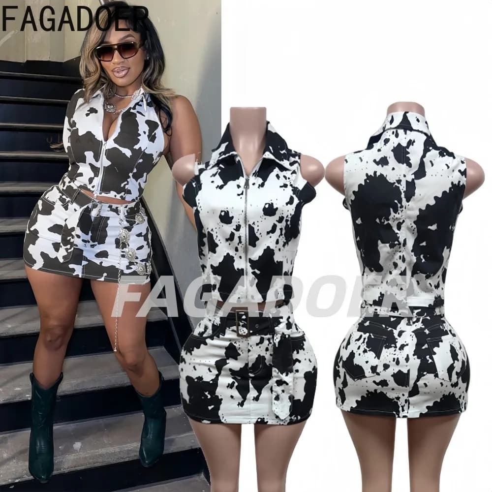 FAGADOER Set Due Pezzi Moda Streetwear con Stampa Mucca, Top Corto Senza Maniche con Zip + Gonna, Completo Femminile Tie-dye Patchwork