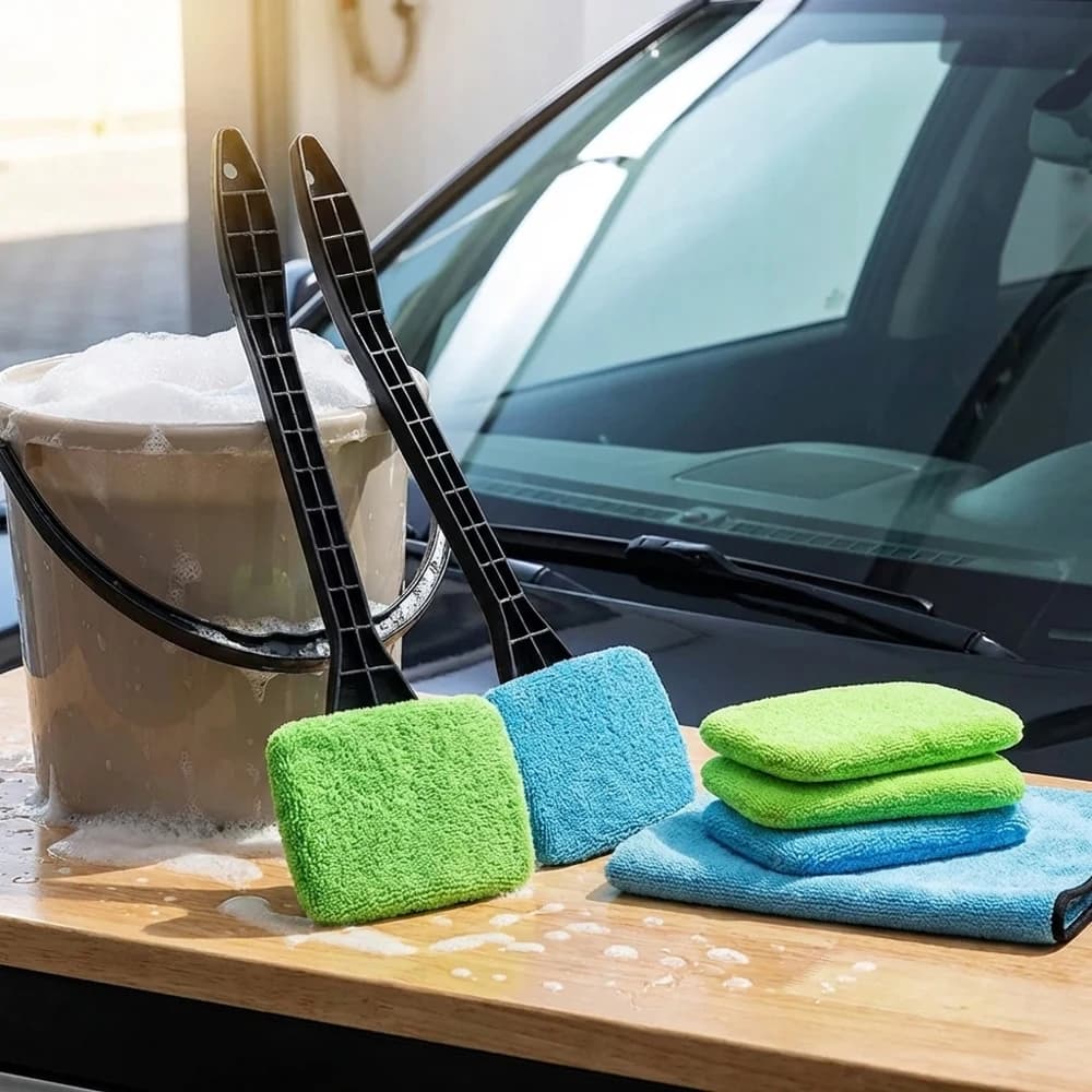 Kit di spazzole per la pulizia dei vetri dell'auto, strumento per la pulizia del parabrezza, tergicristallo per interni auto con manico lungo, cuscinetti in microfibra riutilizzabili A