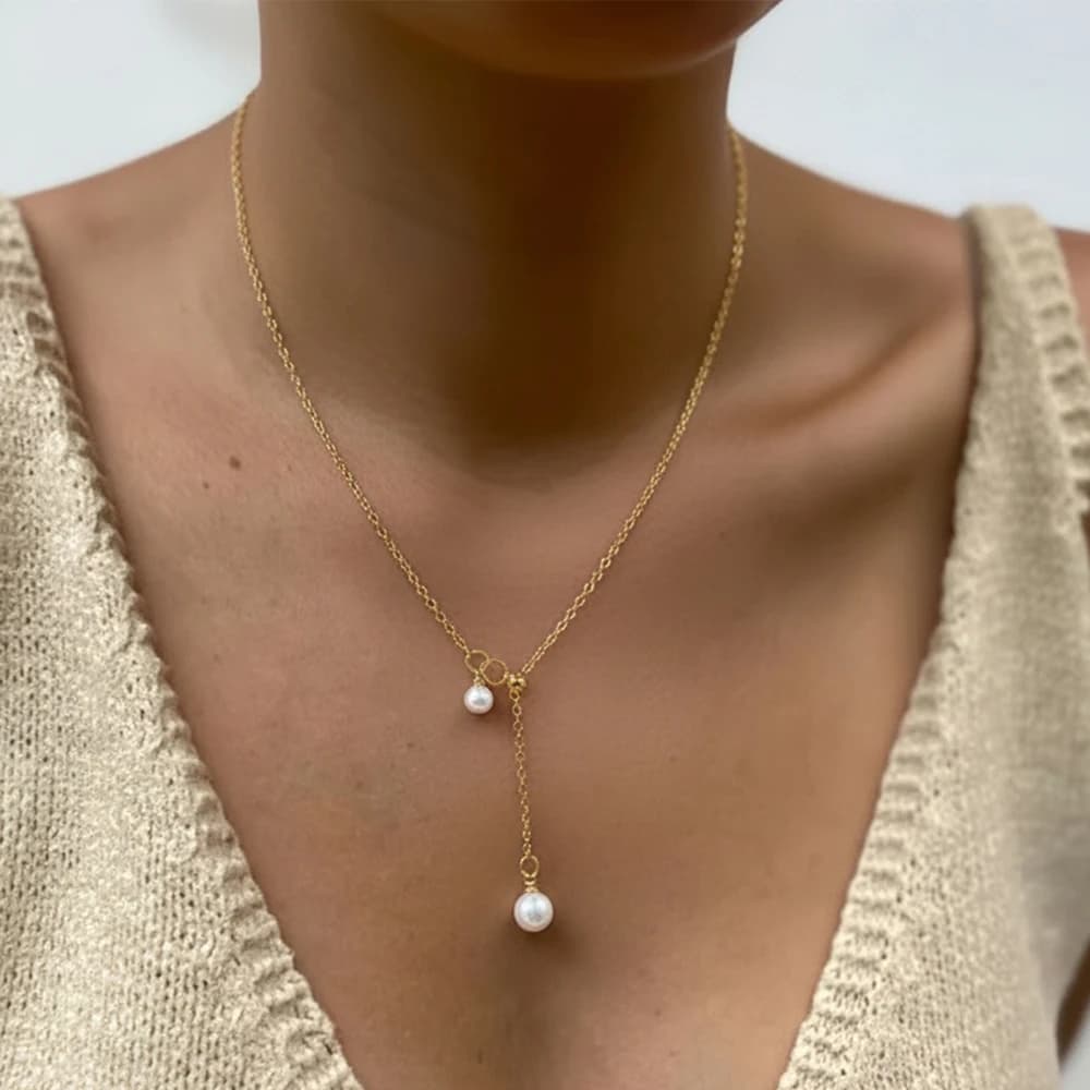 1 Pc Y Drop Necklace,Adjustable Lariat Chain with Dual Pearl Charms,Minimal Elegant Jewelry for Women,Daily Dating&Valentine’s