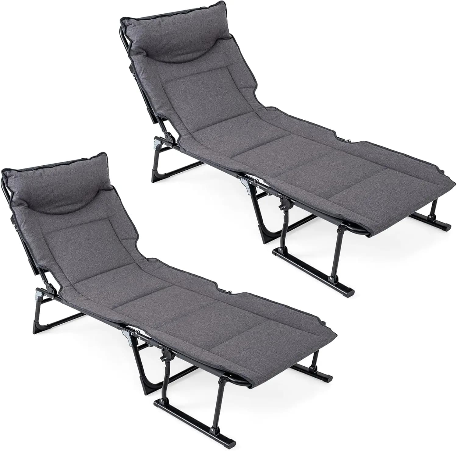 Folding Patio Lounge Chair Set Of 2 Adjustable Recliner Foldable Bed Cot With Cushion Armrest Head Pillow For Outdoor Camping Yard Lawn Office Home Gray, 2 Pieces