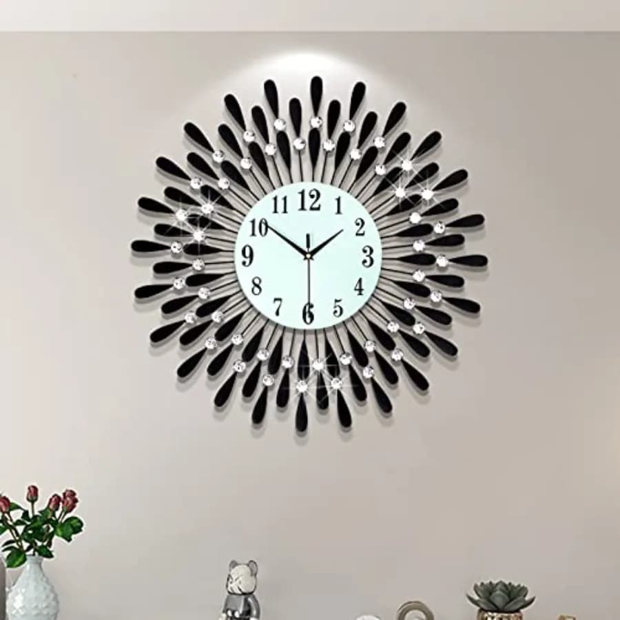 Grande Orologio da Parete per Arredamento Soggiorno: Orologio Rotondo Nero Moderno da 24 Pollici, Silenzioso e Senza Ticchettio, con Accenti in Cristallo, Ideale per Camera da Letto