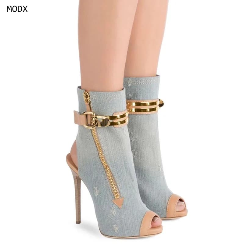 2026 Women Denim Distressed Open Toe Stiletto Heel Ankle Boots with Gold Buckle Zipper Detail for Party Club Summer Fashion