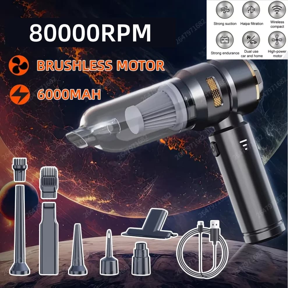 Aspirapolvere per auto senza fili da 80000 giri/min, 4 in 1, con motore brushless ad alta potenza, portatile, mini strumento per la pulizia di casa e ufficio