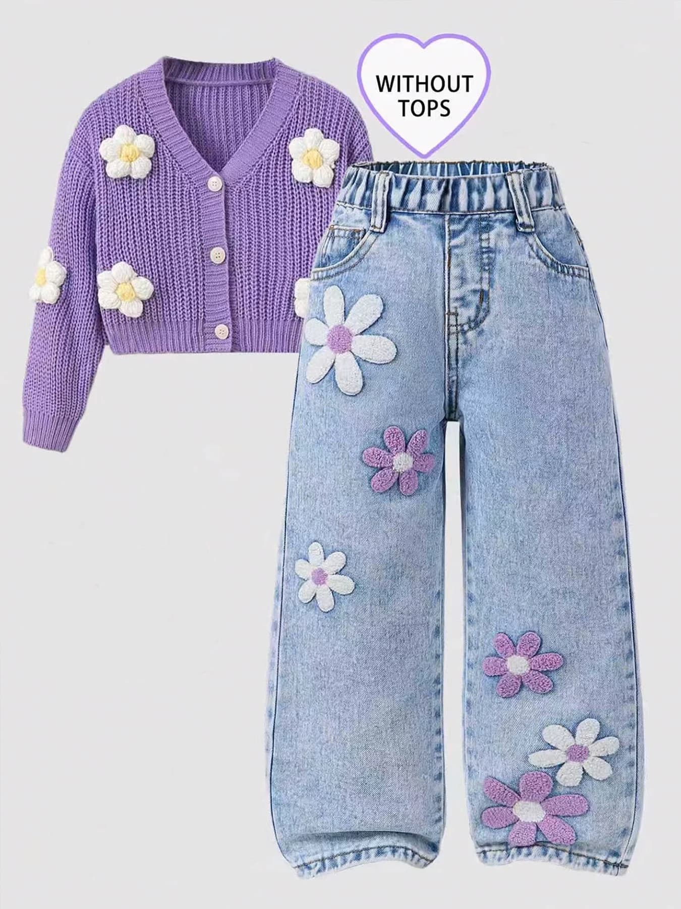 Jeans in denim con cuciture a asciugamano stampati floreali da ragazza Pantaloni casual versatili dal design alla moda con vita ampia per bambini. Cintura elastica completa