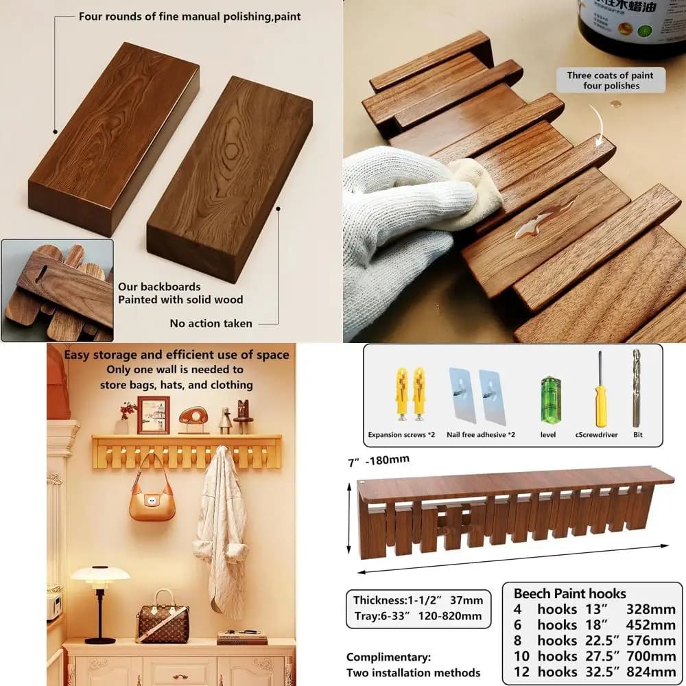 Wall hanger with crescent design with 6 hooks for domestic input, walnut-fage finish tray