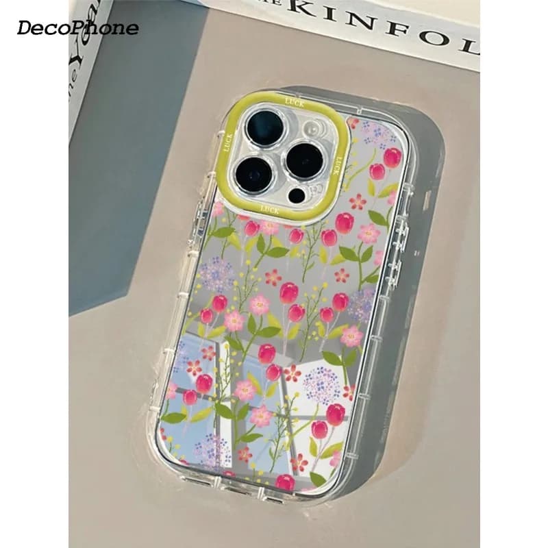 Custodia per telefono con specchio portafortuna a forma di tulipano e foglia per iPhone 17AIR 11 12 13 14 15 16 17Pro Max Plus, anello protettivo per obiettivo anti-caduta 1.5mm
