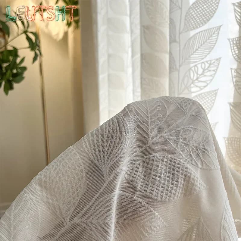 French Cream Style Leaf Three-dimensional Relief Living Room Window Screen New Light-transmitting and Opaque Tulle Curtain