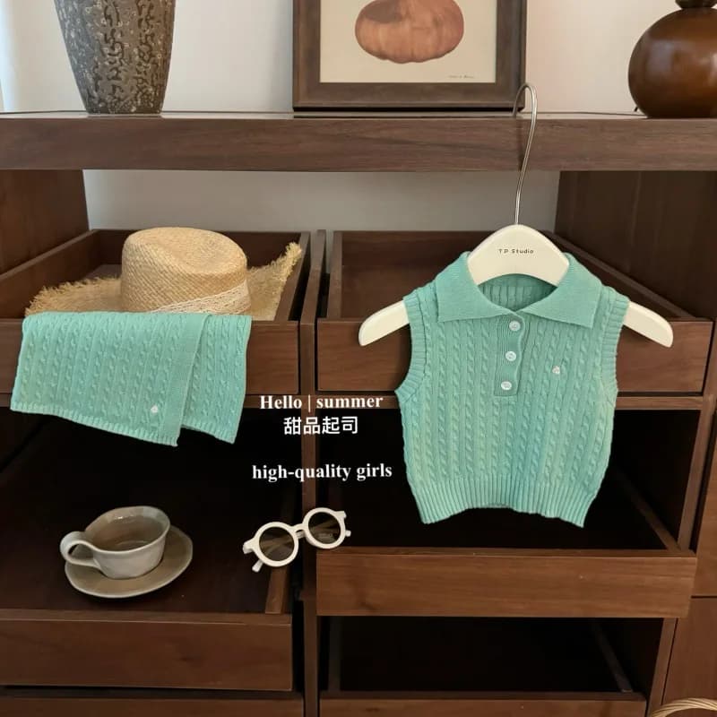 Baby Girl Korean Mint Green Fried Dough Twists Turn-down Collar Vest Set 2026 Summer New Fashion Girls Two Piece Set