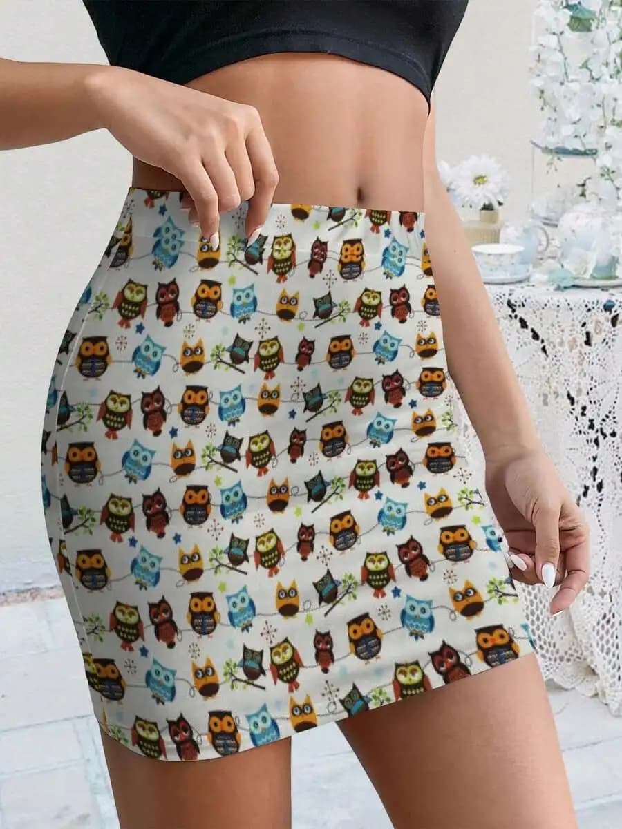 Women Summer Bodycon Skirt Cute Owl Print Bodycon Skirt Adorable Cartoon Animal Graphic Tee Perfect For Casual Wear Playdates