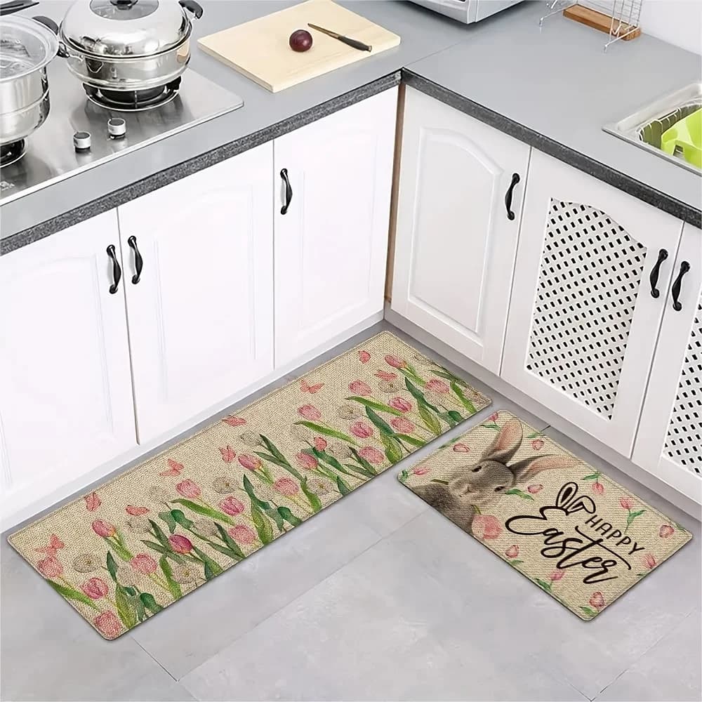 Tappetino da cucina con tulipani e coniglietto pasquale, tappeto runner assorbente antiscivolo in stile rustico, decorazione per interni domestici